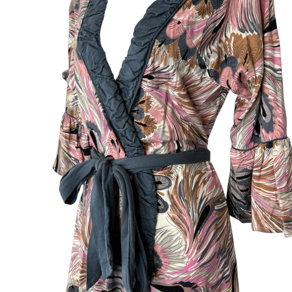 Women's Printed Short Robe with Ruffle Trim - Pink Multi - Picture 7 of 15